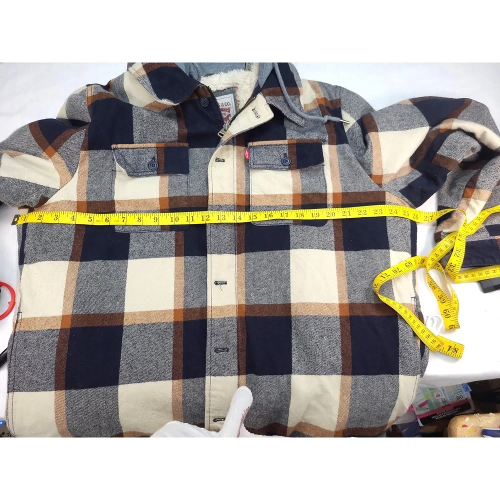 Levi's Men's Cotton Plaid Shirt Jacket Sherpa Lining With Hood Size XL